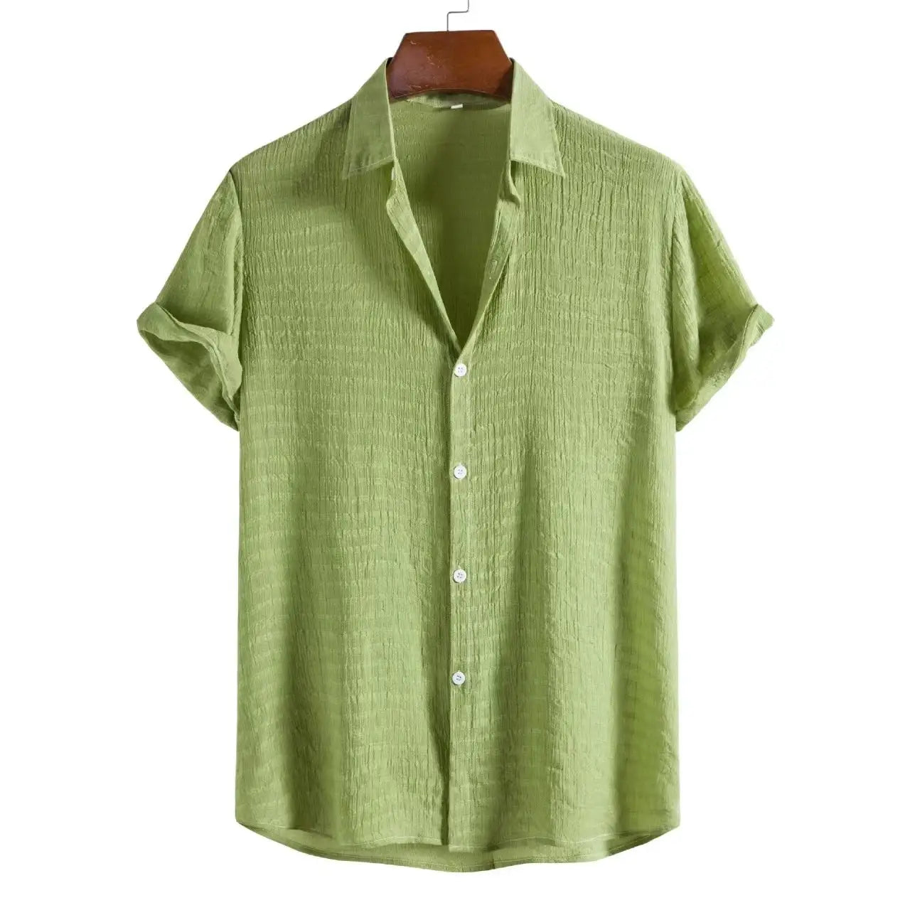 Men's green linen-textured short-sleeve shirt, button-front, breathable casual top