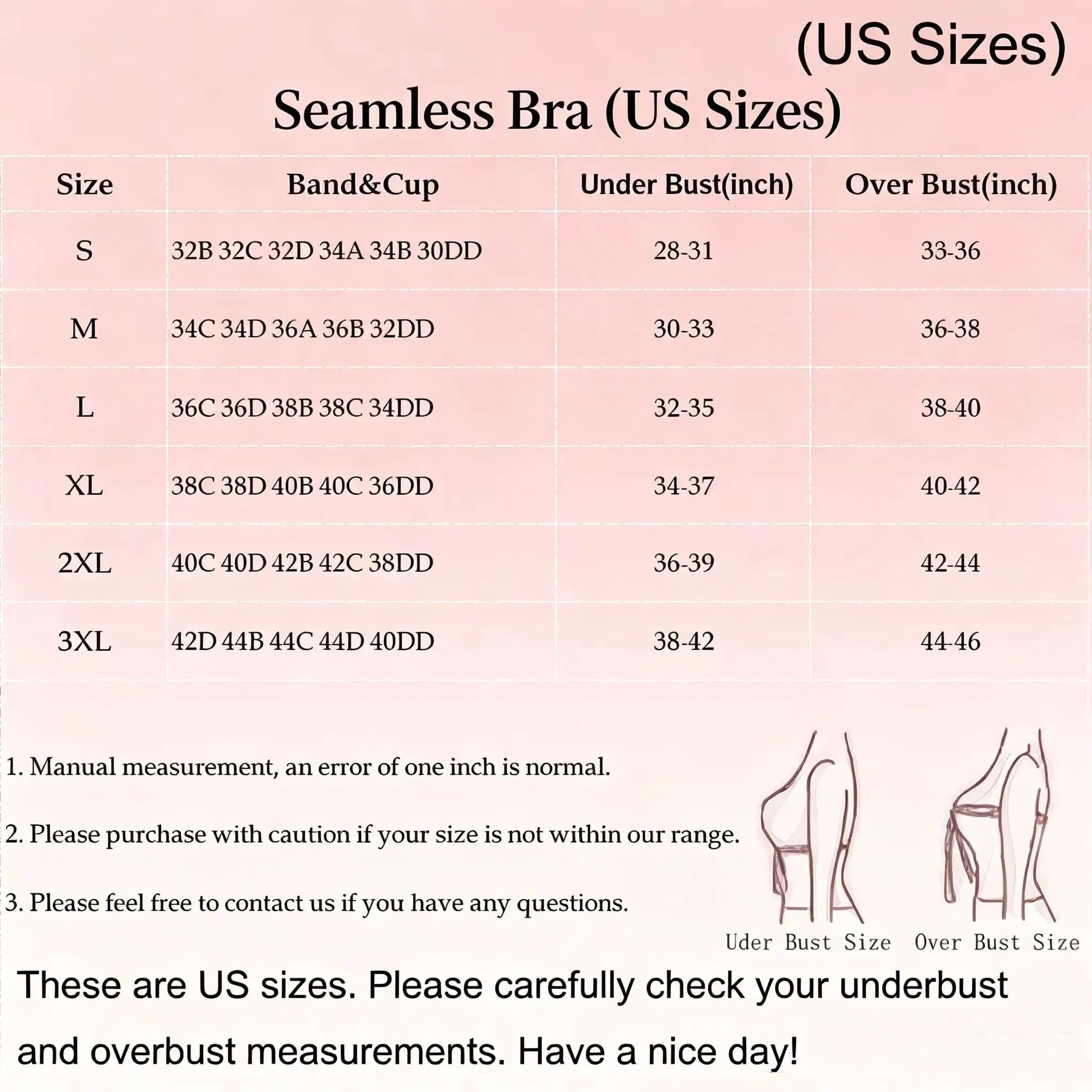 Seamless bra size chart showing US sizes S–3XL with band and cup options and under/over bust ranges