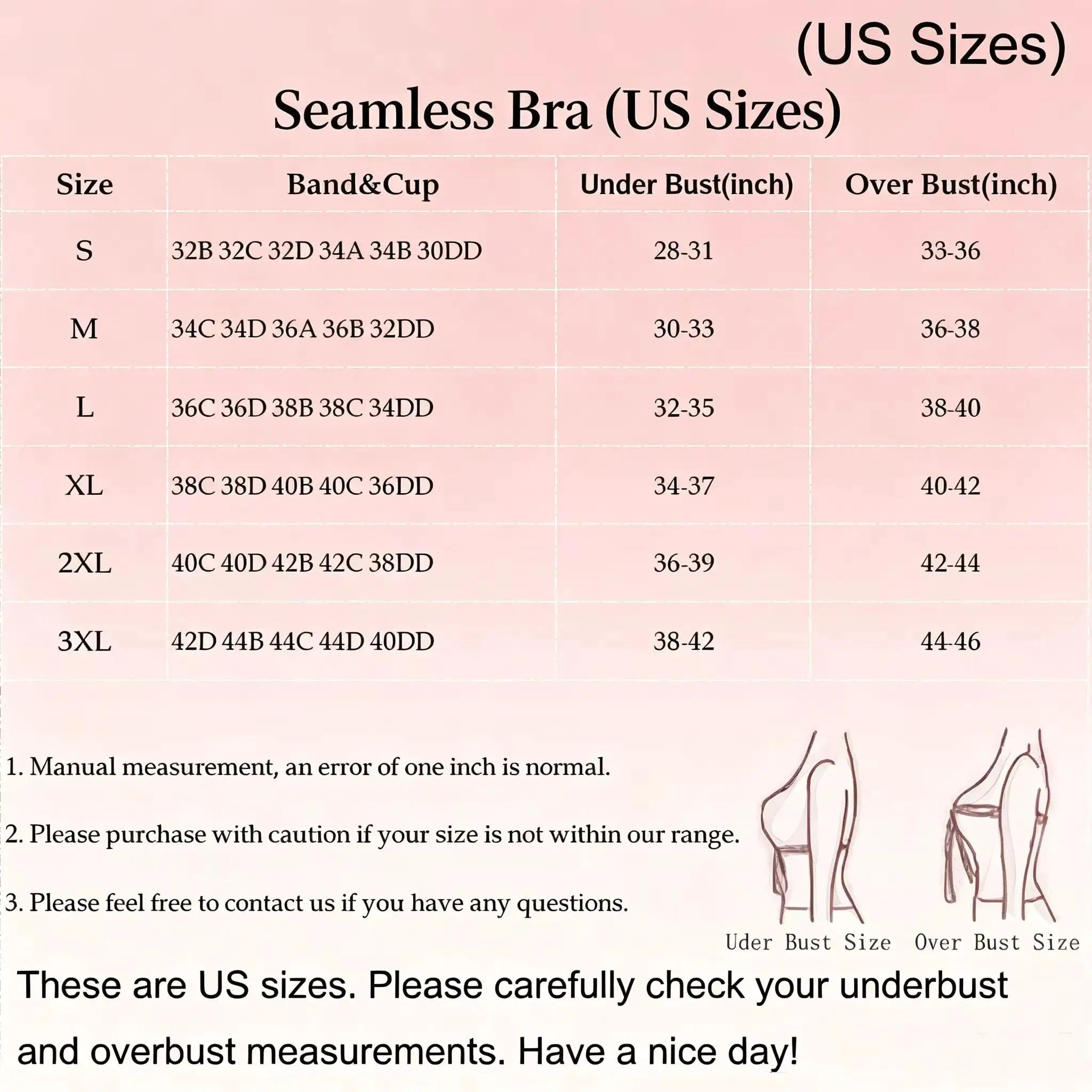 Women's wireless seamless bra size chart by Simples Market showing US sizes, band‑and‑cup options, and under/over bust ranges.