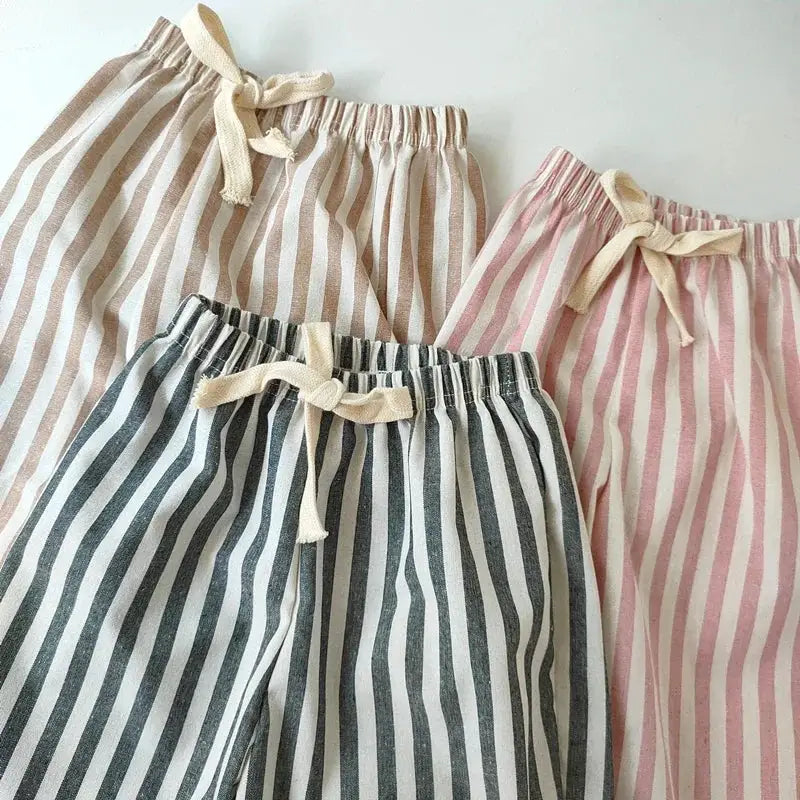 Spring Summer Kids Linen Cotton Striped Loose Pants Lace Up Vintage Casual Clothing For Boys And Girls
