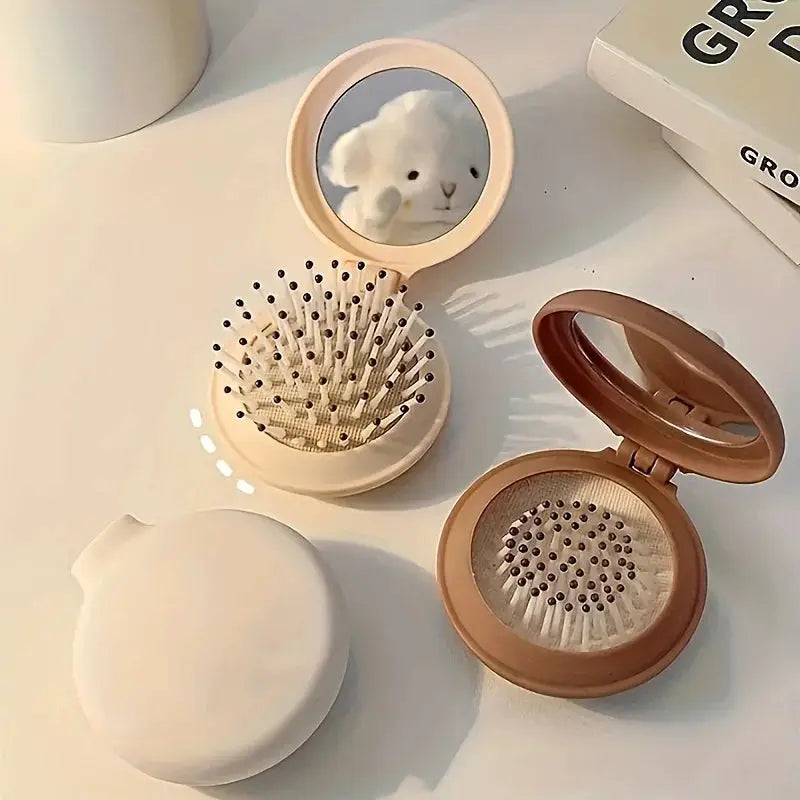 Mini Portable Folding Travel Hair Brush With Mirror For Women Lightweight Plastic Dual Fold Design For Outdoor Use