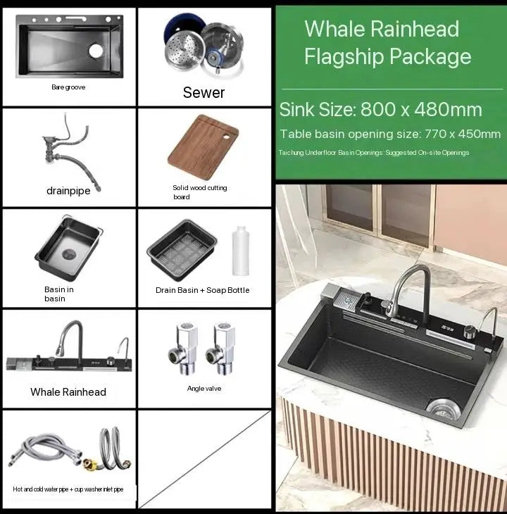 Whale Rainhead flagship package for stainless steel 800x480mm sink with integrated waterfall faucet and soap dispenser