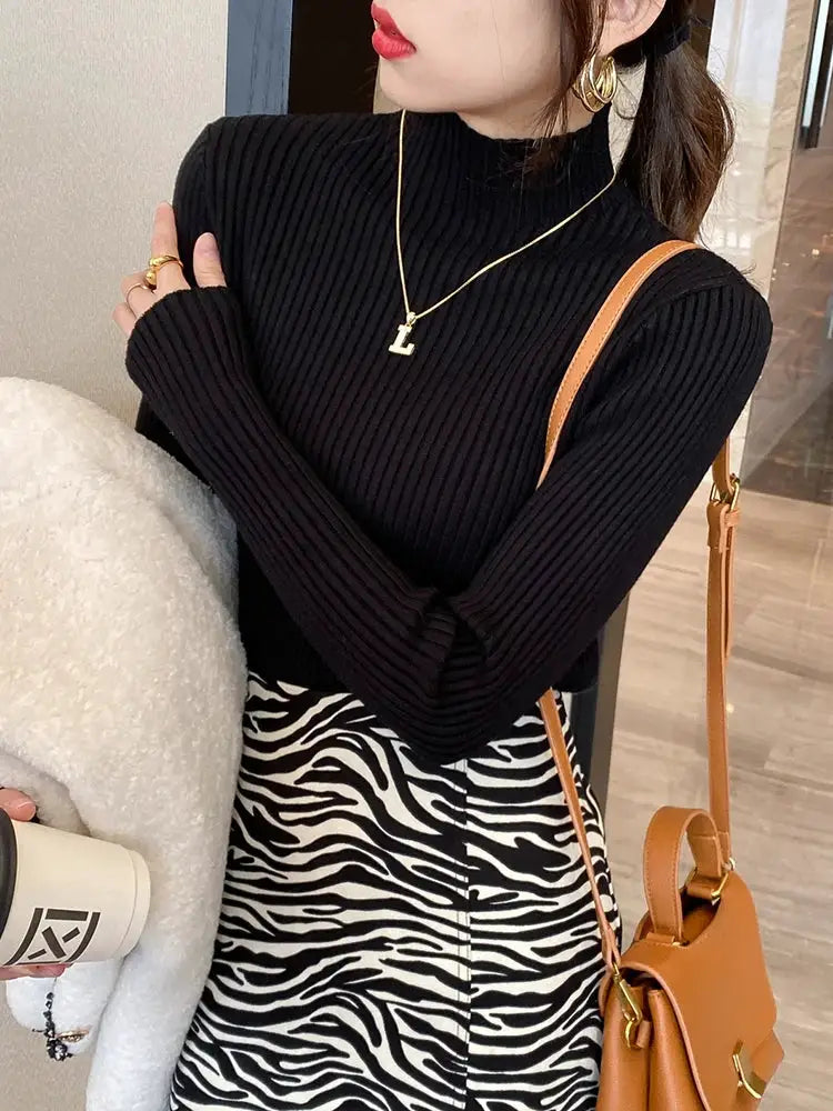Elegant Solid Basic Knitted Turtleneck Sweater For Women Long Sleeve Slim Casual Pullover Korean Fashion Chic