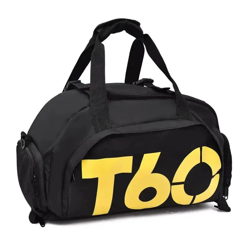 Black gym bag with large yellow T60 graphic, dual top handles and side zip pocket