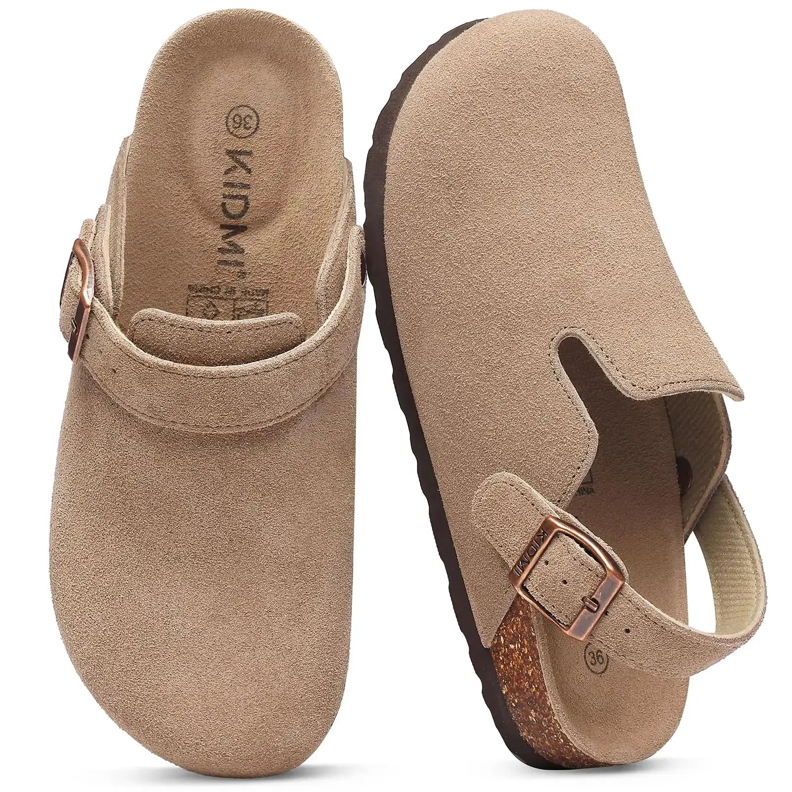 Crestar women's suede clogs with adjustable strap, beige suede and cork footbed, Simples Market