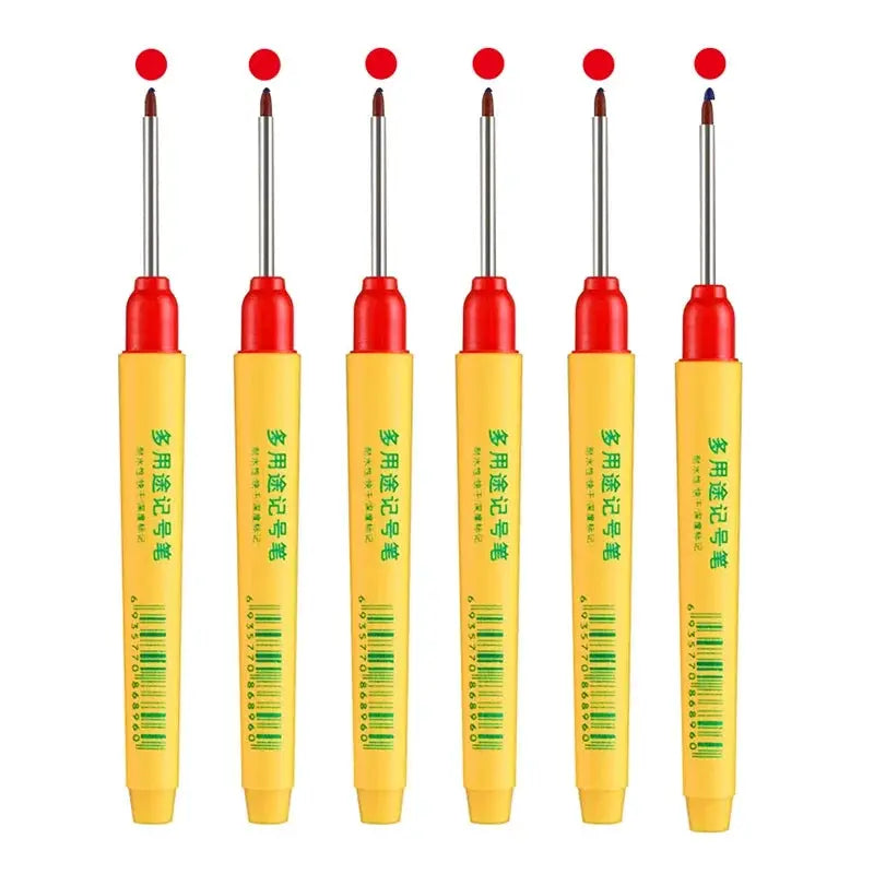6-piece set long-head marking pens, yellow bodies with red caps, waterproof woodworking markers