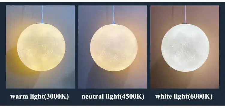 Nordic Moon LED pendant lights by Simples Market; three globe lamps in warm, neutral, and white 3000K–6000K.