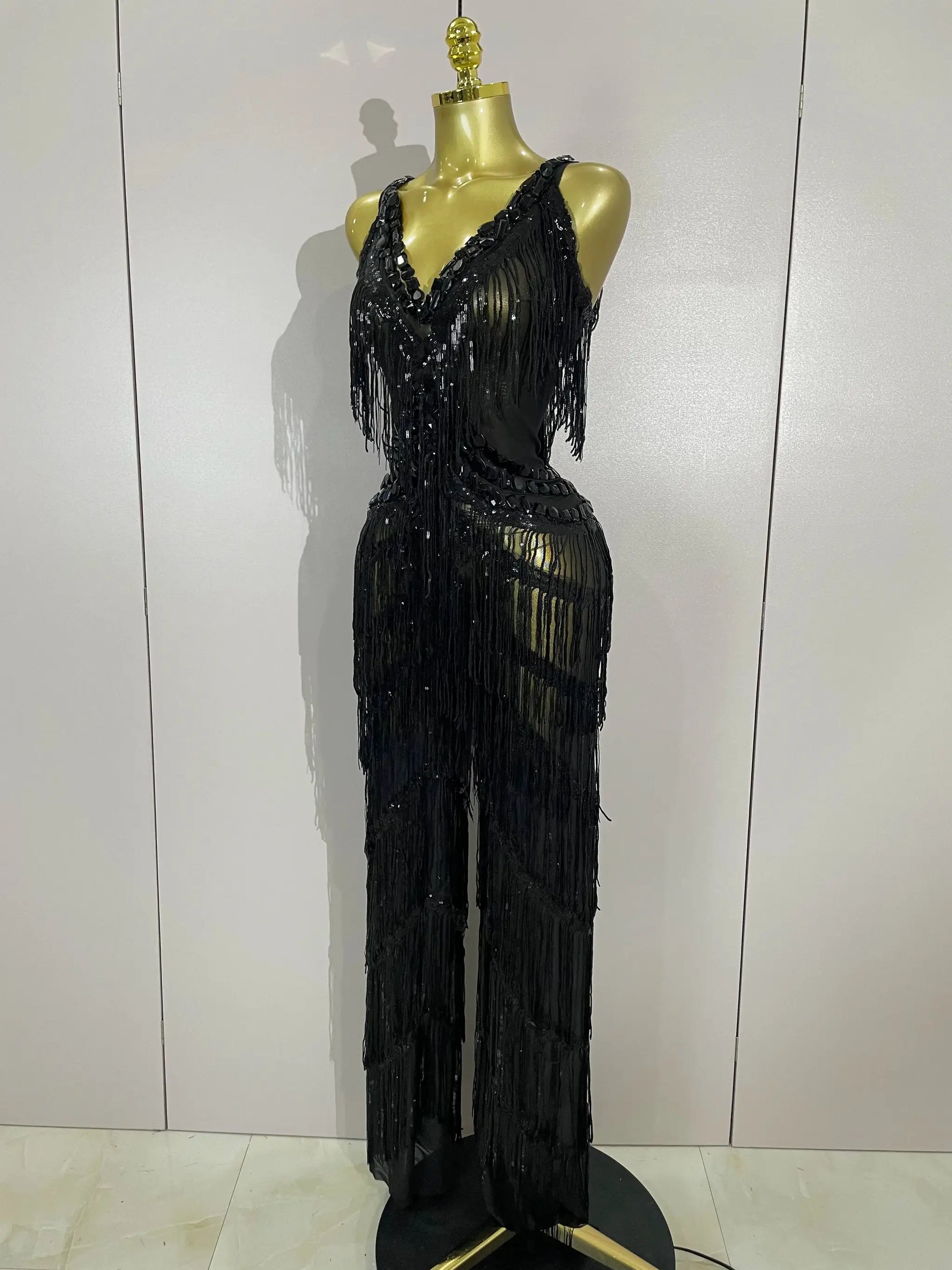 Simples Market sparkly black rhinestone fringe jumpsuit for women; sequined V-neck with long fringe