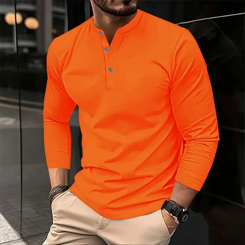Men's orange long-sleeve Henley polo shirt, breathable solid fabric with button placket.