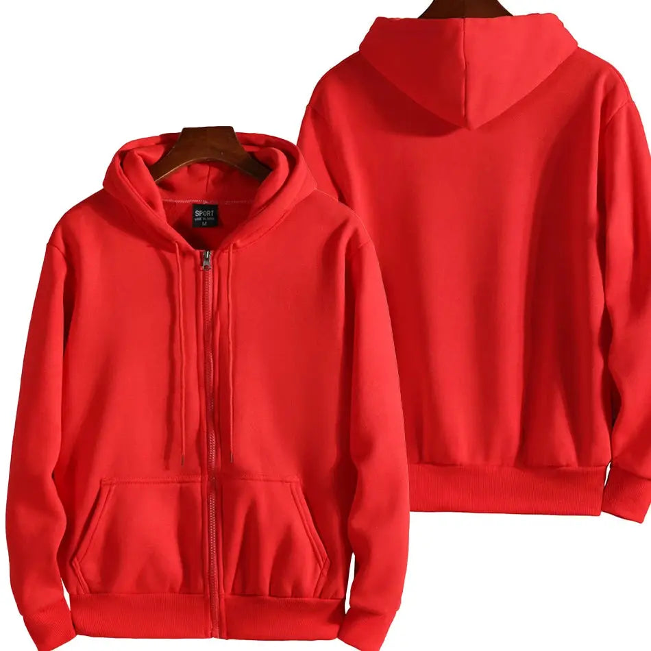 Red zip-up hoodie with front pockets and drawstring hood, Simples Market casual long-sleeve sweatshirt