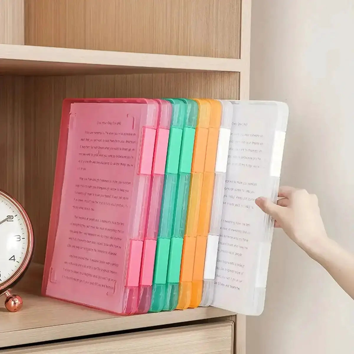 Multi-layer portable file box, transparent A4 plastic PP with colorful stacked panels.