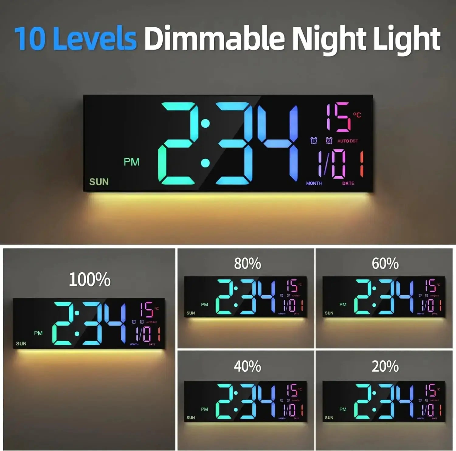 Digital wall clock 16.2'' with remote, 8-color RGB LED display and dual alarms — Simples Market