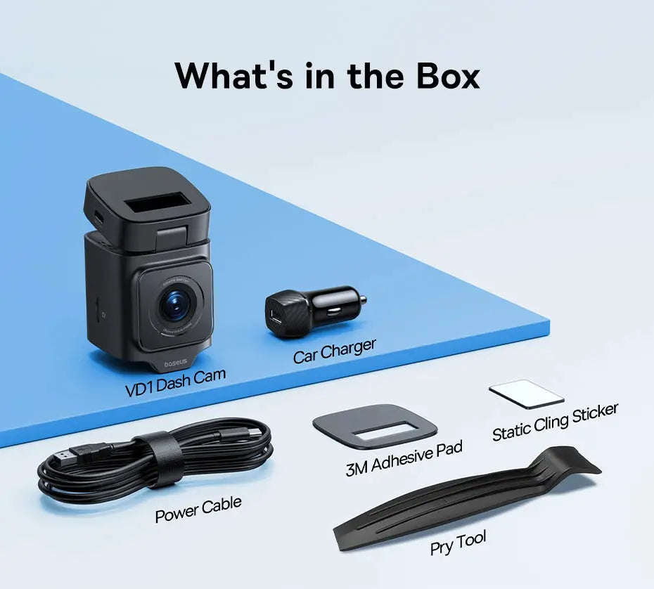 Baseus VD1 Dash Cam front and rear kit with car charger, power cable, 3M adhesive pad, static cling sticker and pry tool