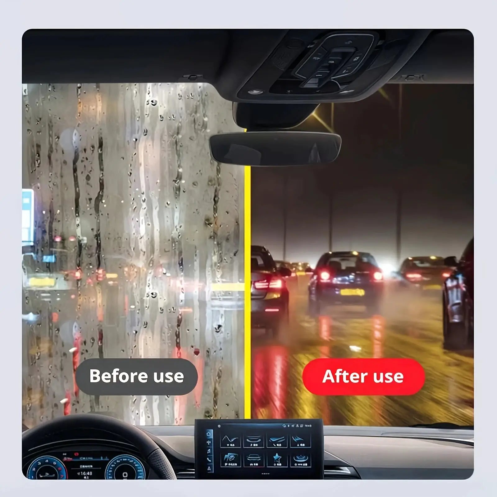 Car glass cleaner by Simples Market; two-panel windshield demo showing before and after rain-streak removal.