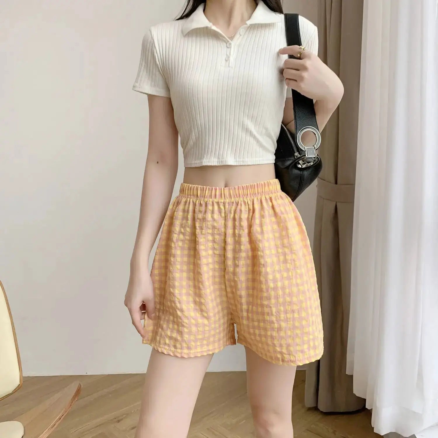 Summer Home Shorts women's high-waisted pink gingham plaid pajama shorts with elastic waistband