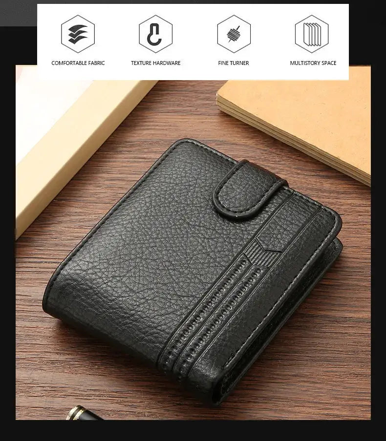 Men's black leather slim bifold wallet by Simples Market with card slots and ID window