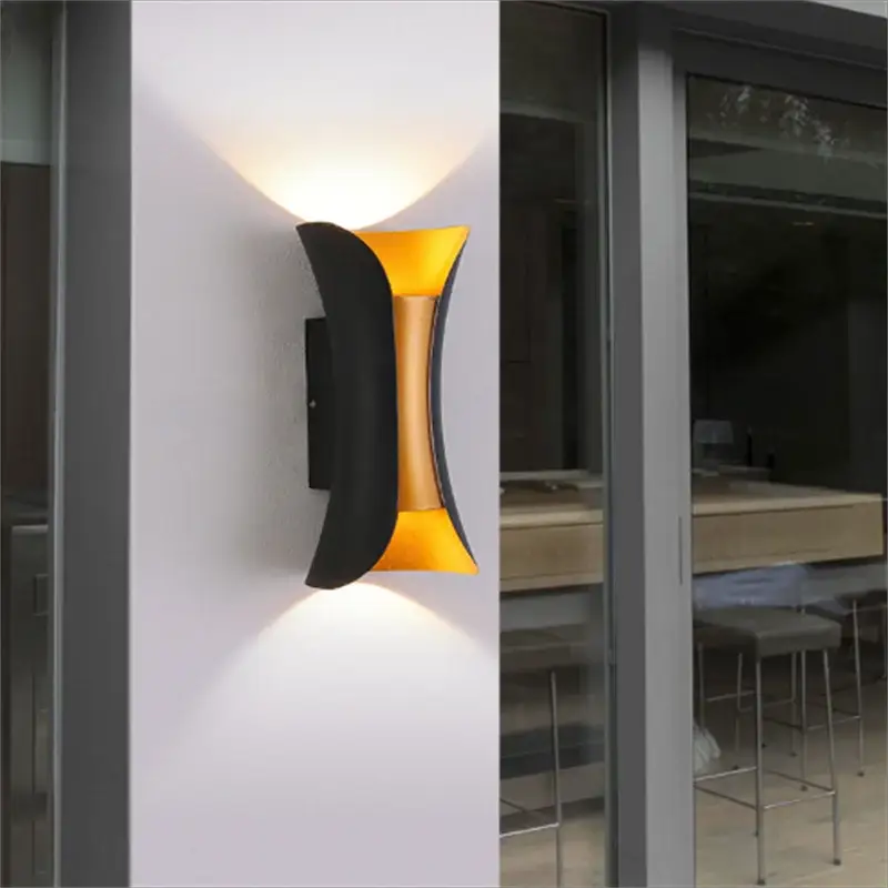 Aluminum golden-body LED outdoor wall light with black curved sides, IP65 waterproof porch sconce