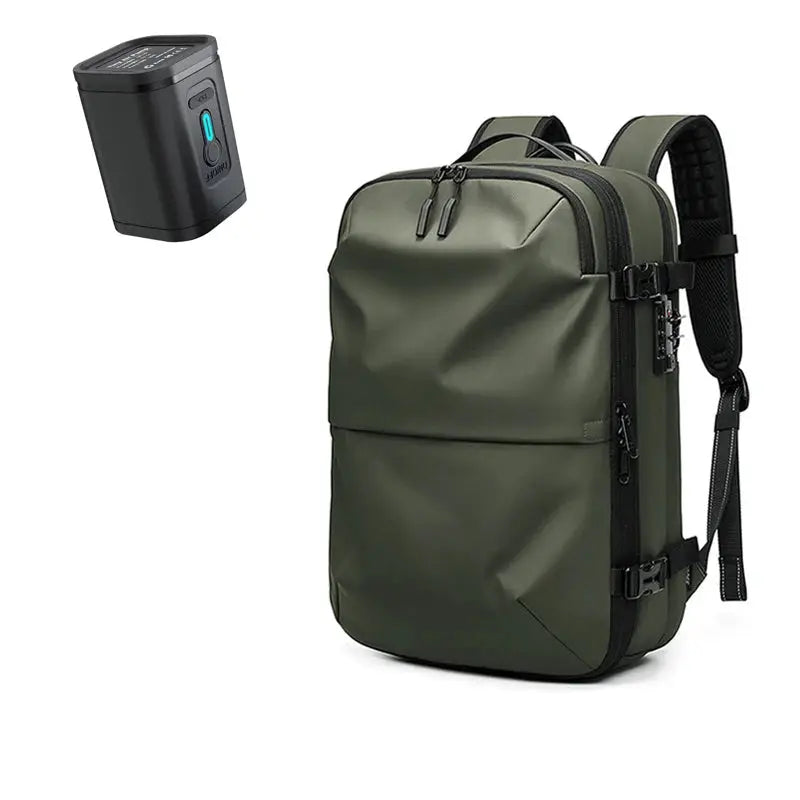 Men's olive green travel backpack by Simples Market with 17-inch laptop pocket and vacuum compression device