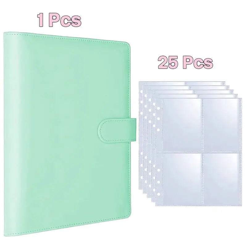 A5 binder in mint green PU leather with a strap, includes 25 clear plastic photo sleeves for photocards