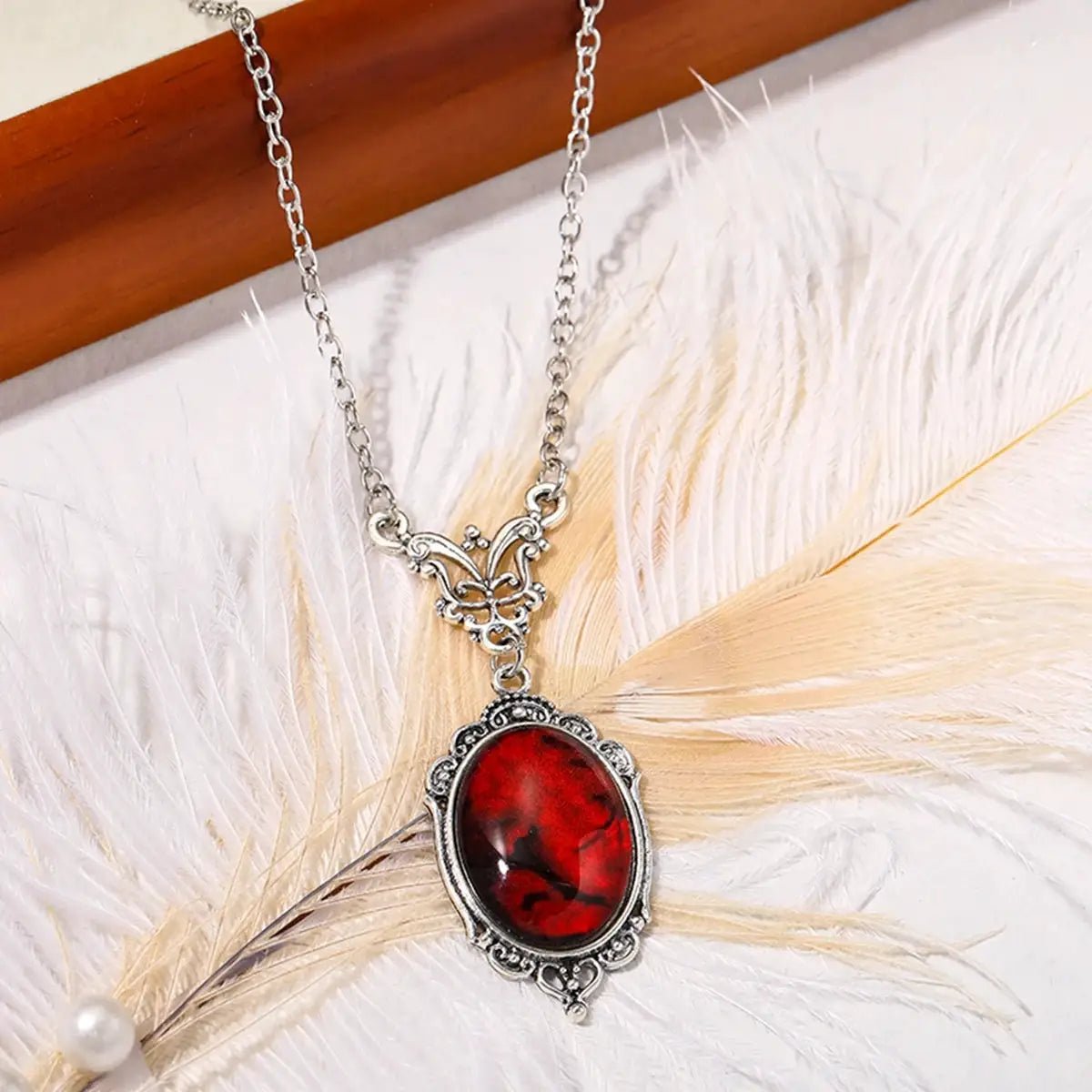 Gothic Blood Red Quartz Charm Necklace With Oval Pendant For Women Halloween Vampire Embossed Witch Jewelry Vintage Chokers - Simples Market