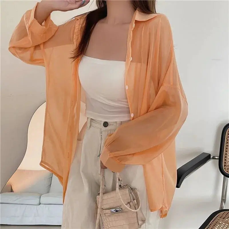 Xpqbb women's peach chiffon shirt with sheer long sleeves, Simples Market