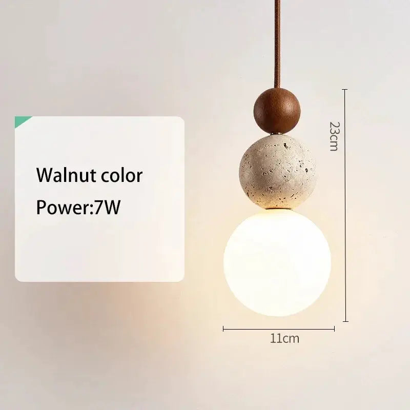 Simples Market walnut-color pendant lamp with stone bead and glowing globe, 7W LED