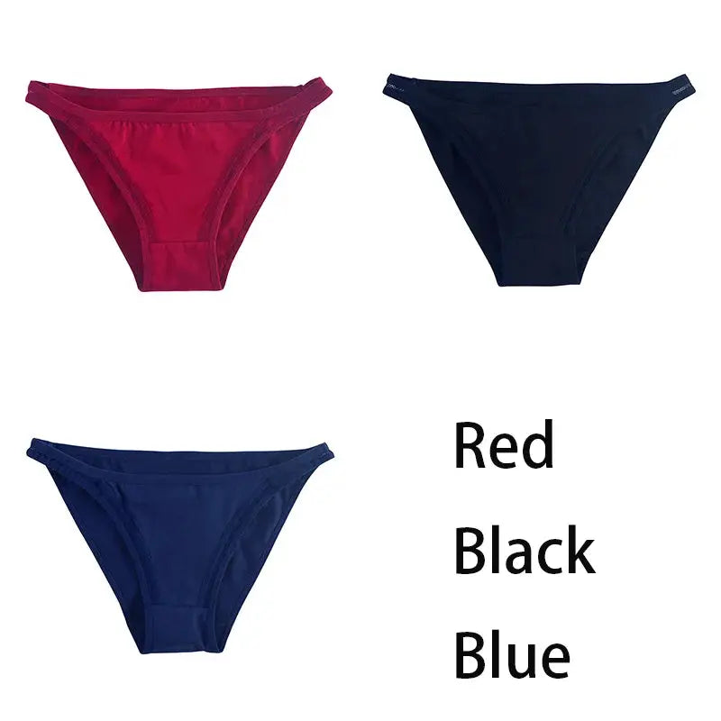 3-piece set of women's cotton bikini briefs in red, black and blue