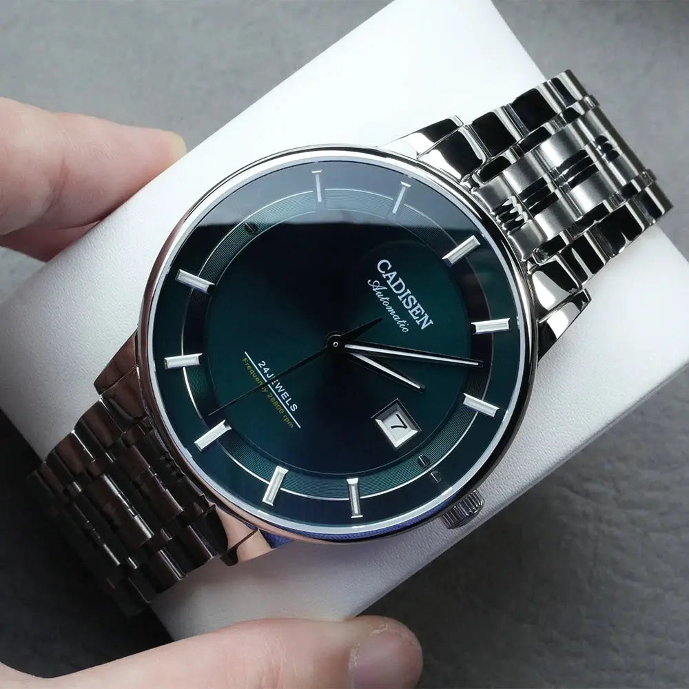 Cadisen automatic wristwatch with blue dial and stainless steel bracelet, date window