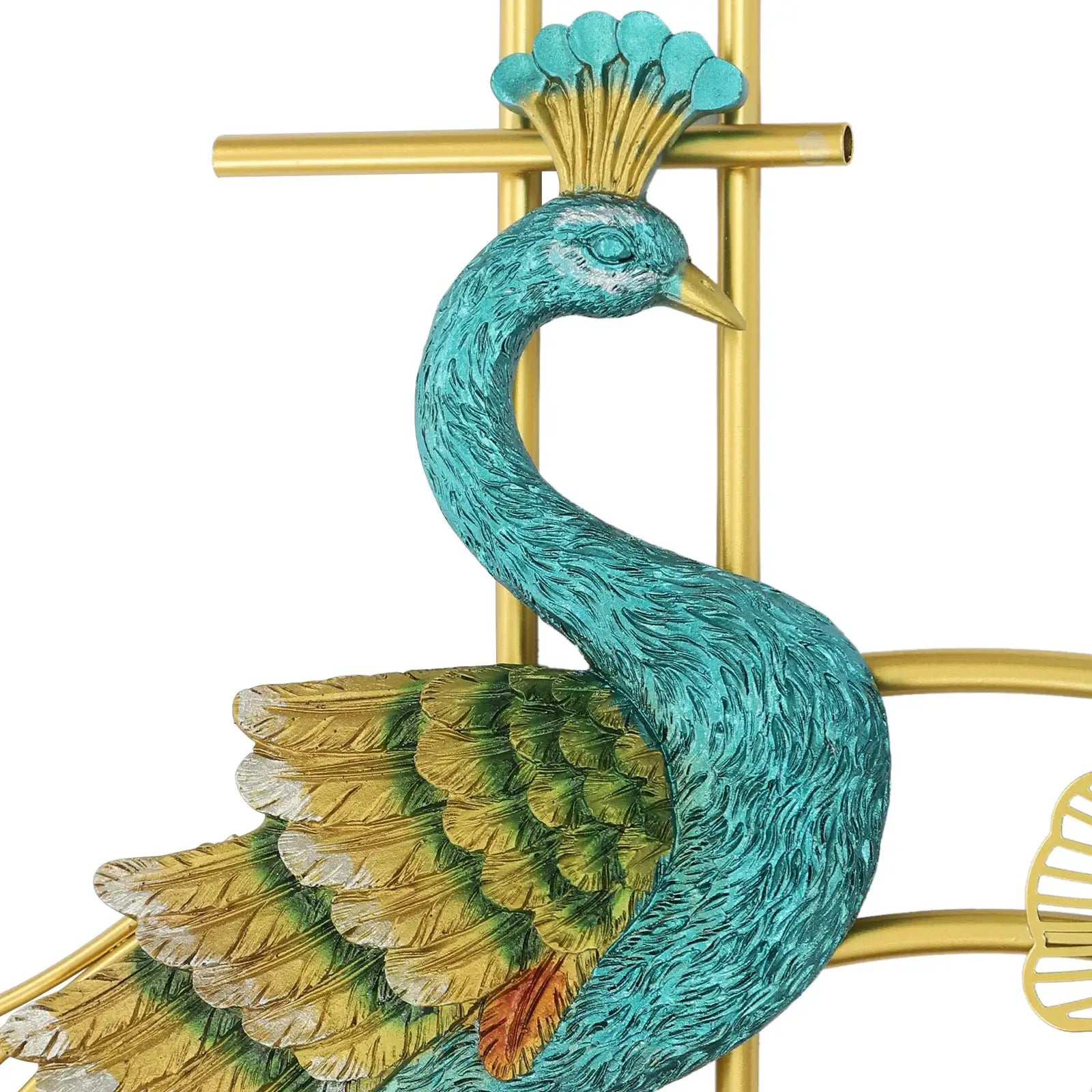 Peacock wall clock by Simples Market; turquoise blue resin peacock with gold iron frame and rhinestone accents.