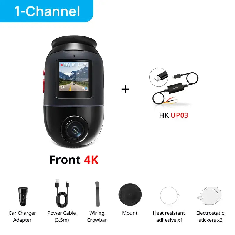 70mai X800 Omni dash cam 4K front camera bundle with charger, power cable, mount, heat-resistant adhesive and stickers