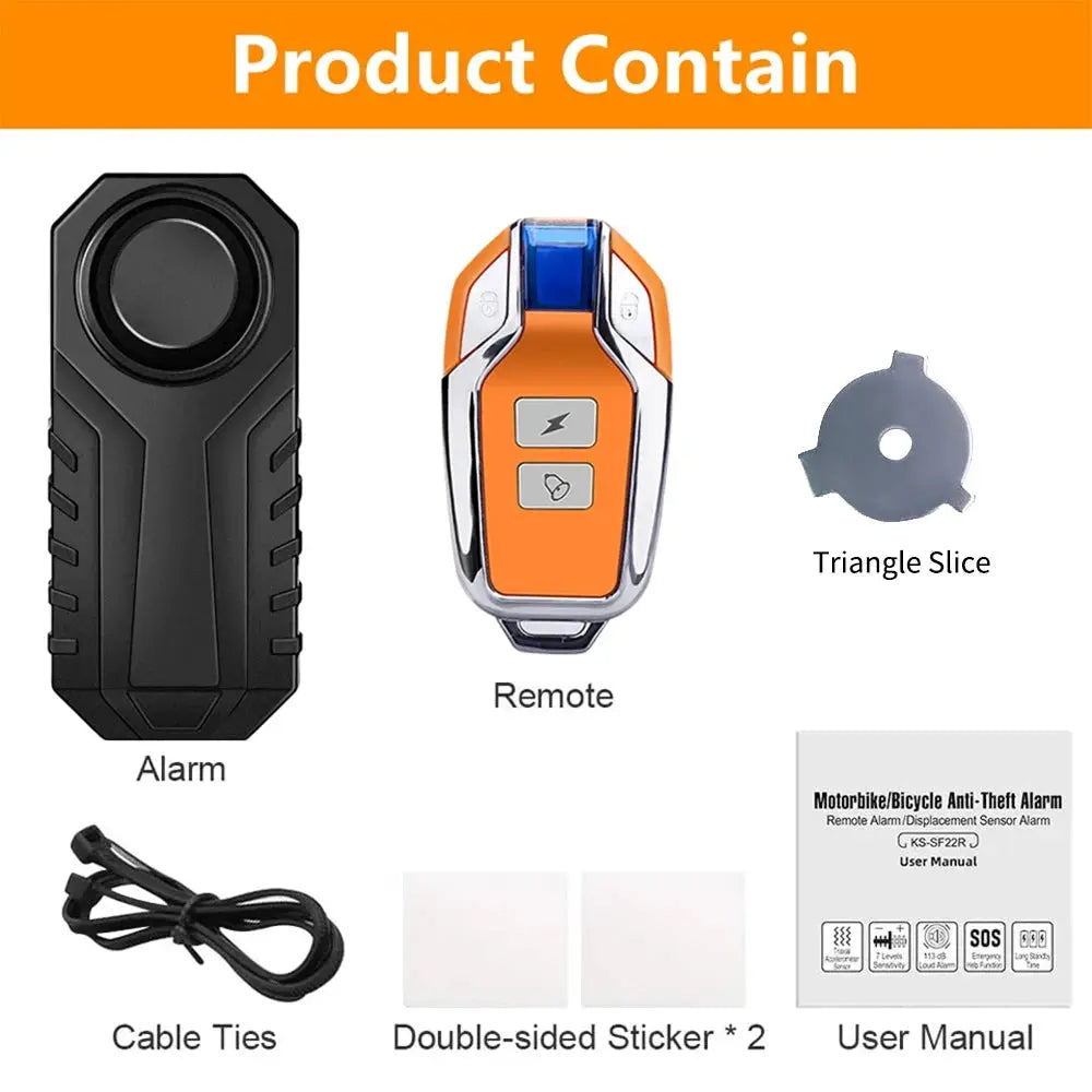 Randpow waterproof anti-theft alarm kit: black alarm unit, orange remote, cable ties, double-sided stickers, and manual.