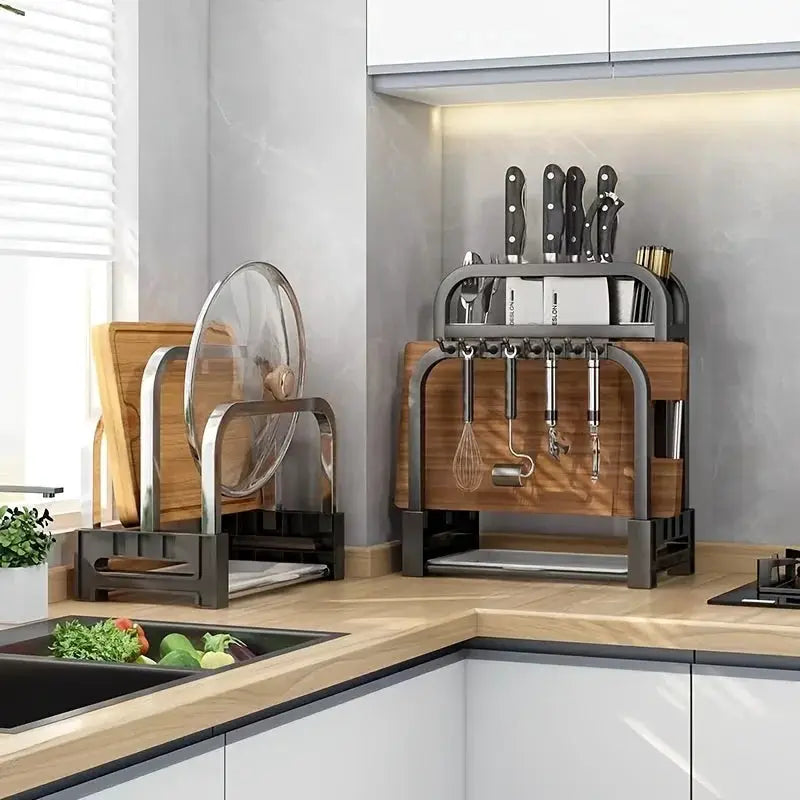Stainless Steel Knife Holder Kitchen Rack With Integrated Cutting Board Storage For Efficient Countertop Organization
