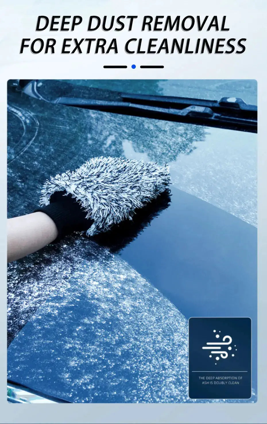 Car wash brush with plush bristles and non-slip handle scrubbing a blue car hood