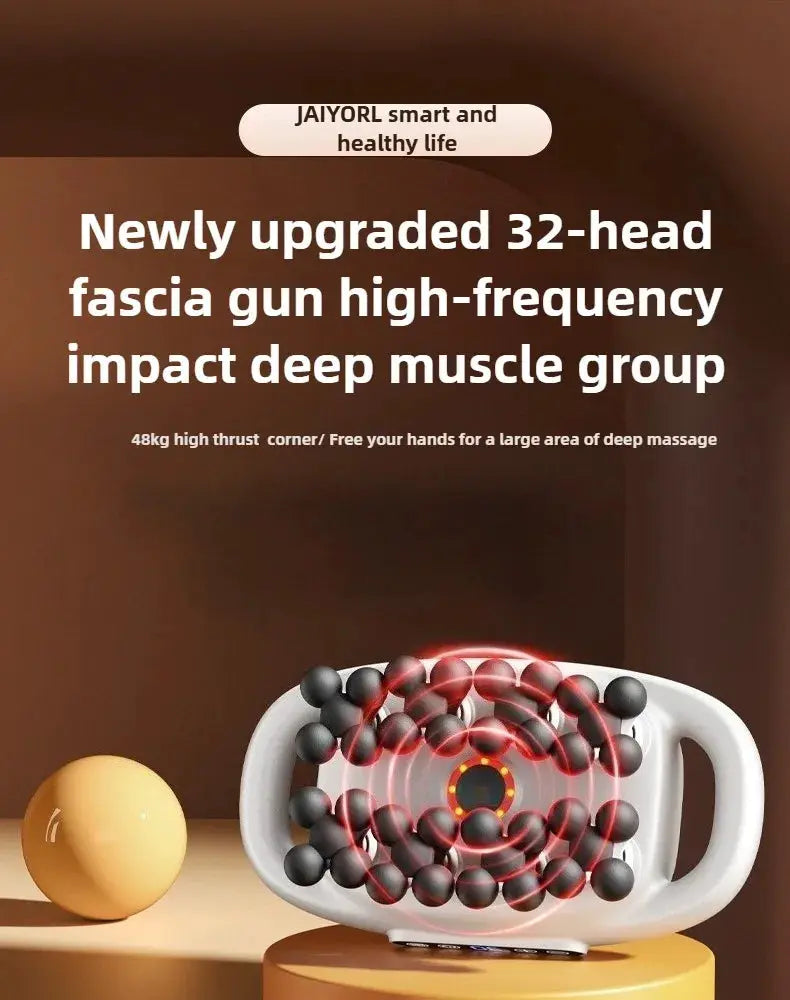 32-head fascia gun massage device by Simples Market, white body with black heads and red light, plus a yellow ball