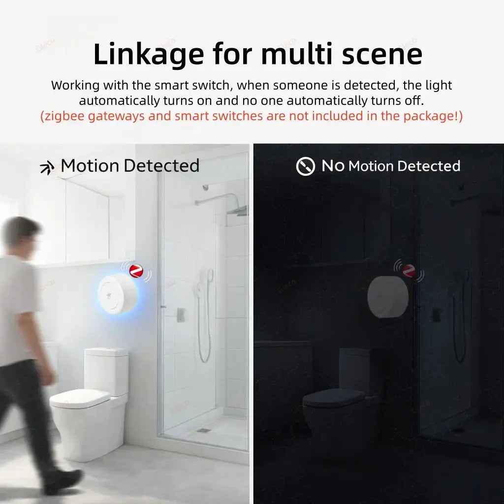 White circular Zigbee mmWave presence sensor mounted in bathroom; motion detected with blue glow vs no motion.