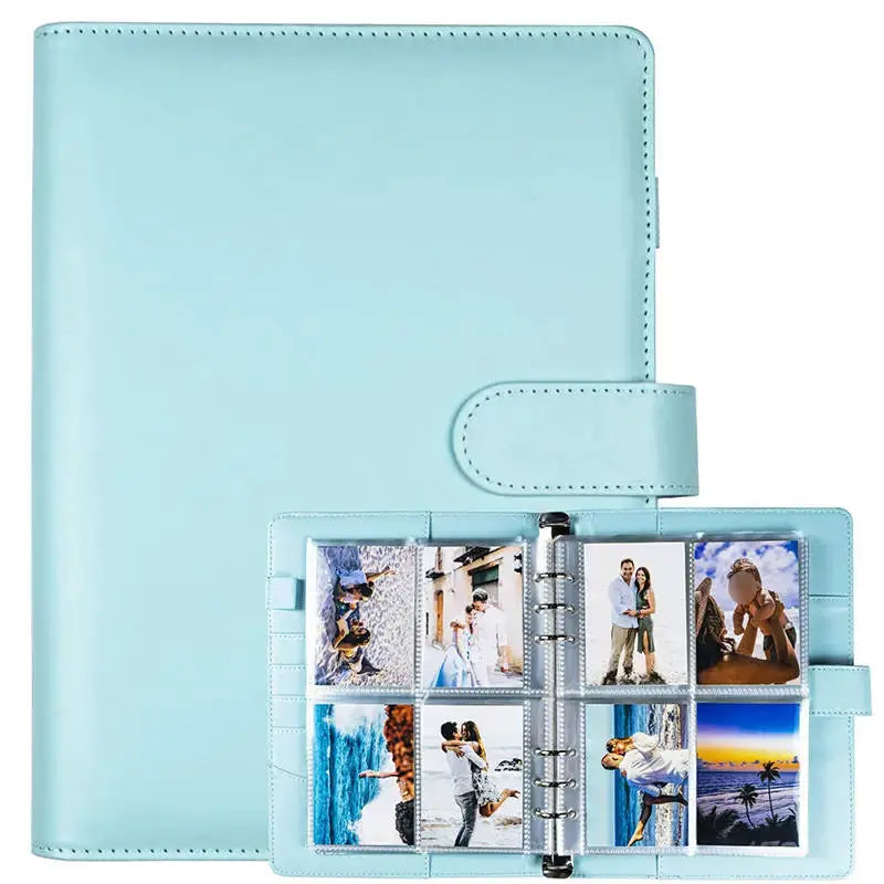 Simples Market A5 photocard binder with 6-ring binder, light blue PU leather, 4-pocket photo sleeves.