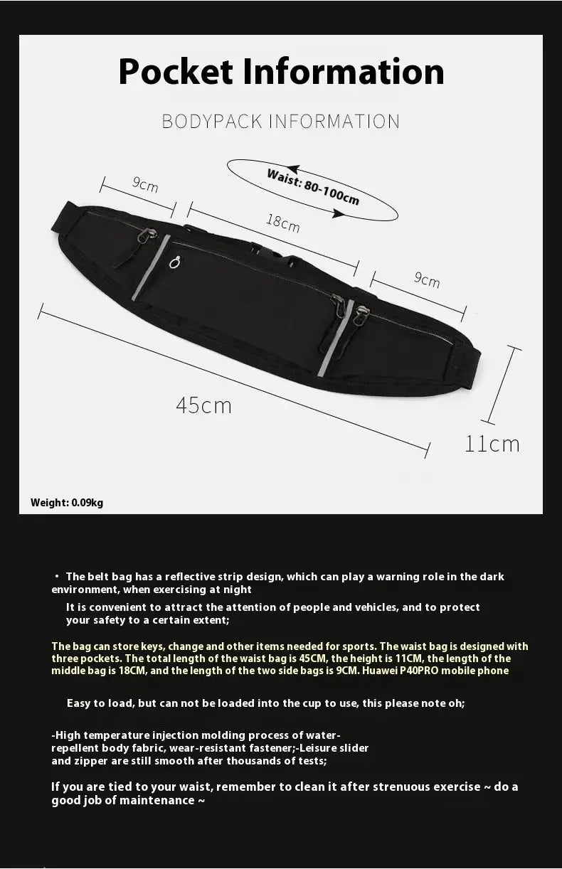 Casual waist pack waterproof sport bag, black, unisex with multiple zip pockets for phone and keys