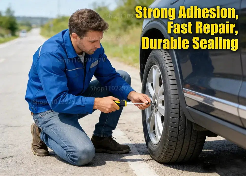 Tire repair kit with glue and rubber strips; man kneels beside a car tire using a plug tool.
