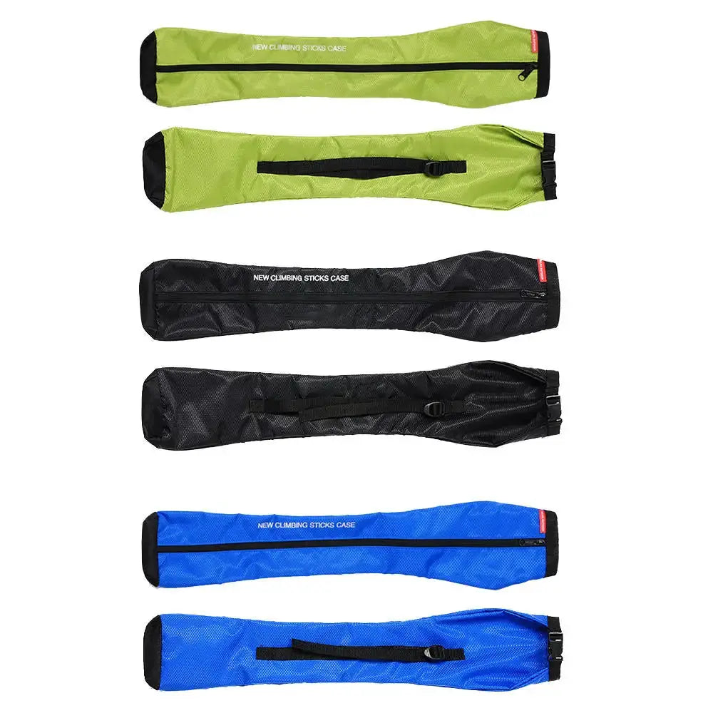 Outdoor walking stick carry bag set, waterproof trekking pole bags; six pieces in lime green, black and blue.