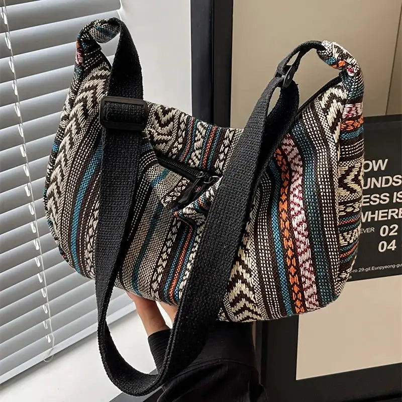 Tribal Style Foldable Crossbody Bag With Zipper Closure And Striped Flag Pattern Canvas