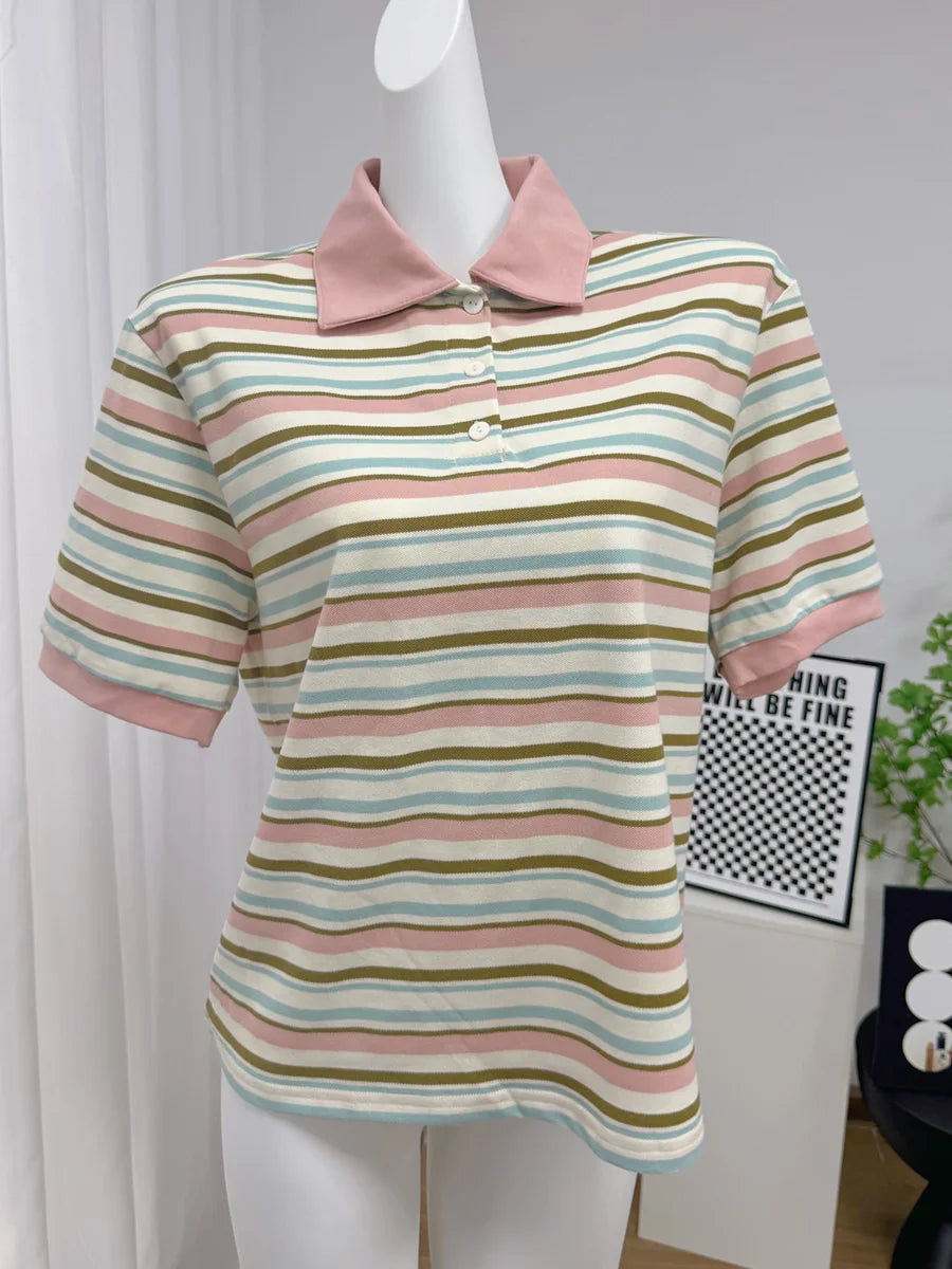 Hirsionsan Women Polo Neck T Shirt Loose Crop Top Cotton Blend Tee