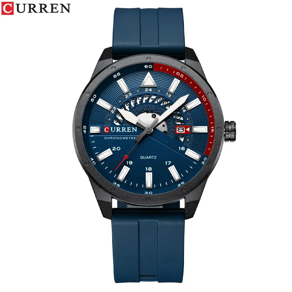 CURREN men's sport watch with blue silicone strap, blue dial, red-accent bezel and date window