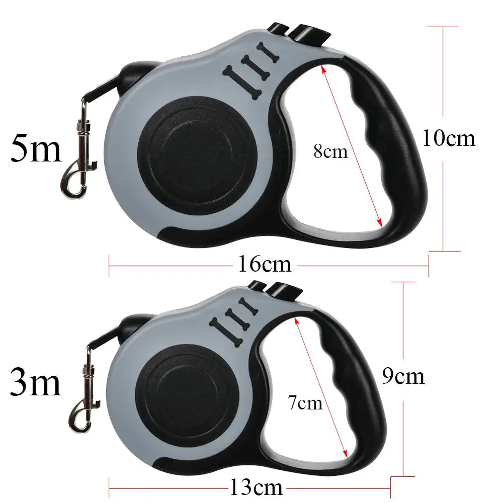 Retractable dog leashes, 2-pack, nylon, grey and black, 3m and 5m lengths from Simples Market