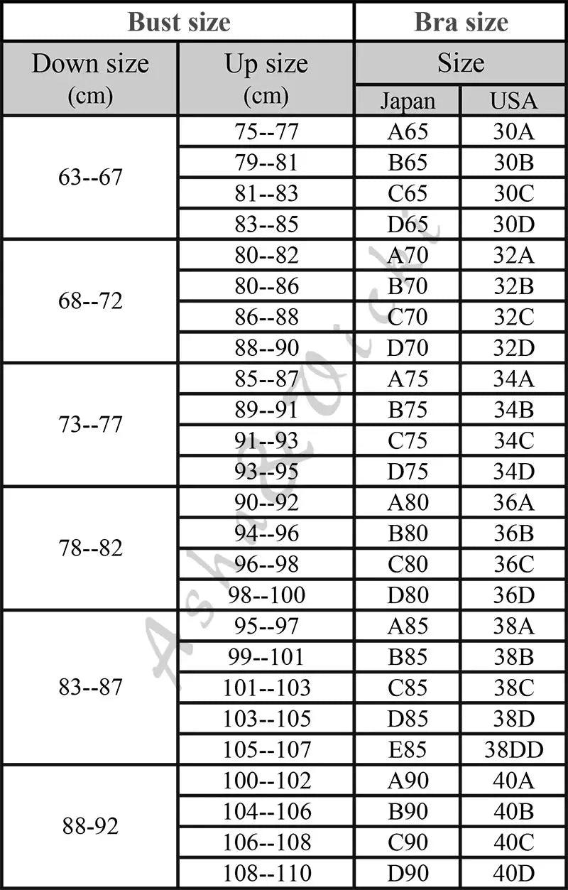 Latex Cup Bra size chart by Simples Market; bust-to-bra size mappings from 63–67 cm to 108–110 cm.
