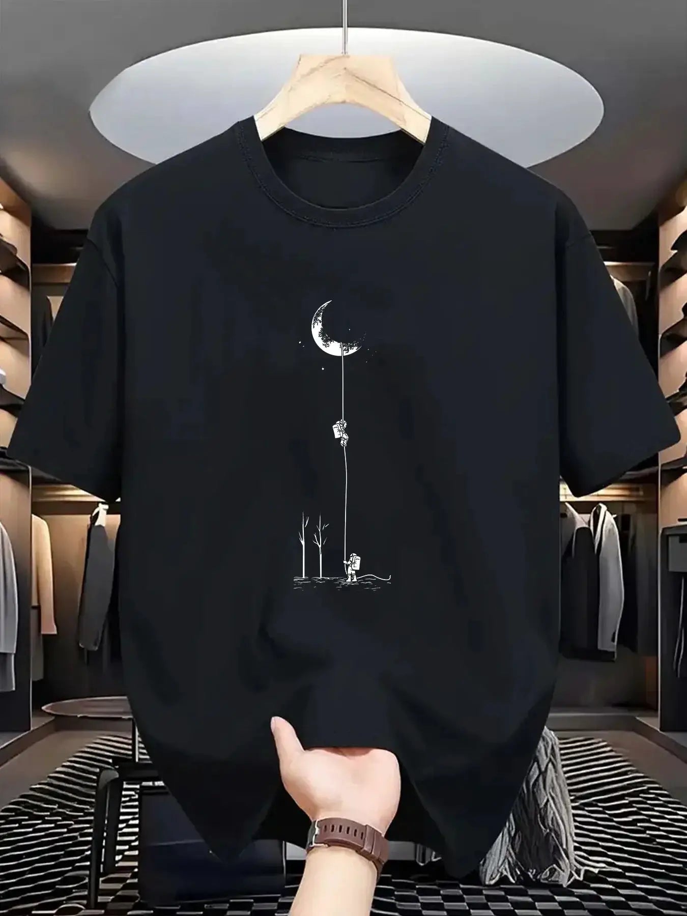 Summer Men's 100 Percent Cotton Casual Loose Fit Plus Size Moon Landing Pattern T Shirt Round Neck Short Sleeve