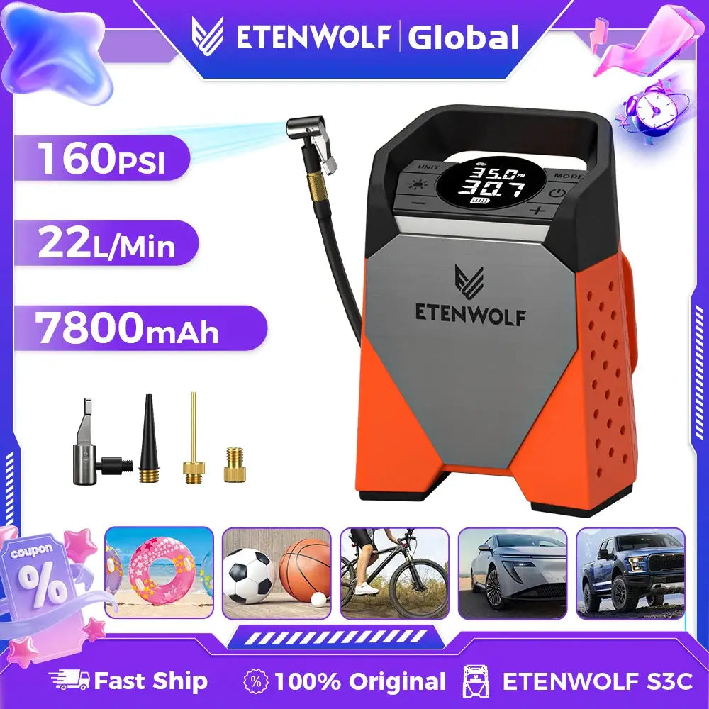 ETENWOLF ZEPHYR S3C Portable Tire Inflator 7800mAh 160 PSI Battery