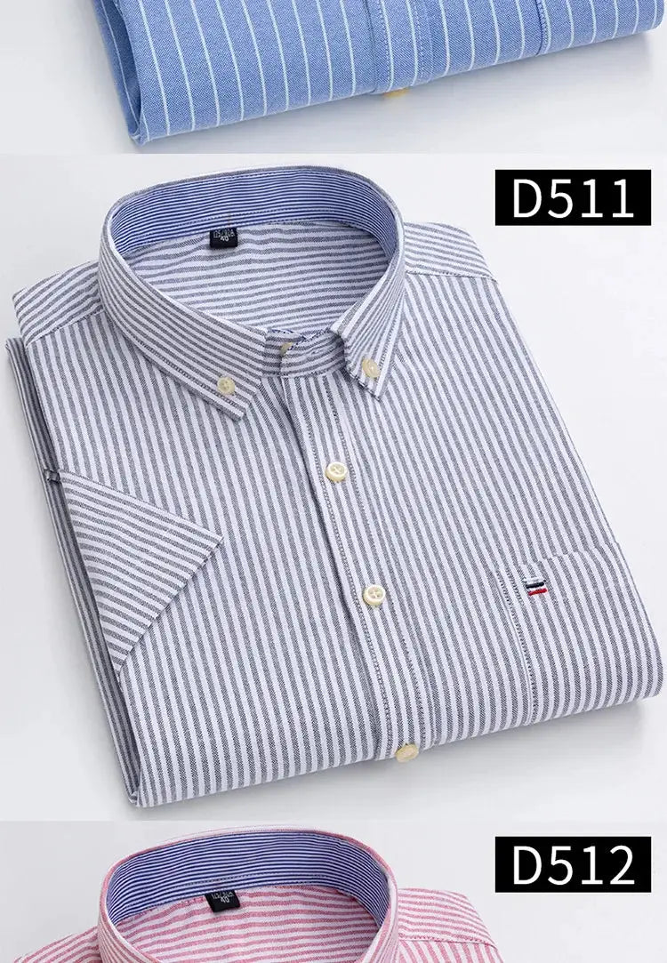 Simples Market men's blue striped 100% cotton Oxford short-sleeve social shirt with pocket.