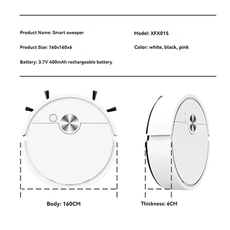 Smart sweeper robot vacuum by Simples Market, white round body with silver top, shown in front and side views.