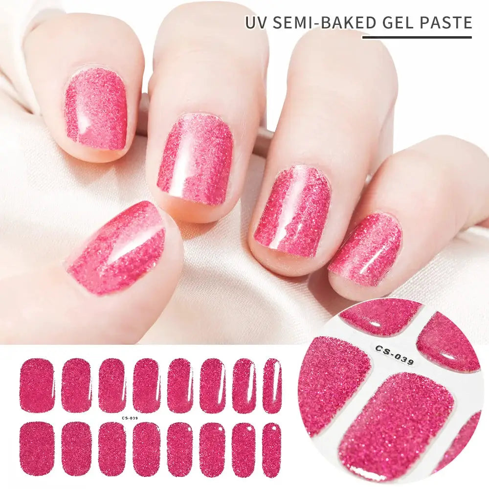 Pink glitter gel nail wraps set, full-cover adhesive decals for UV lamp cured manicure