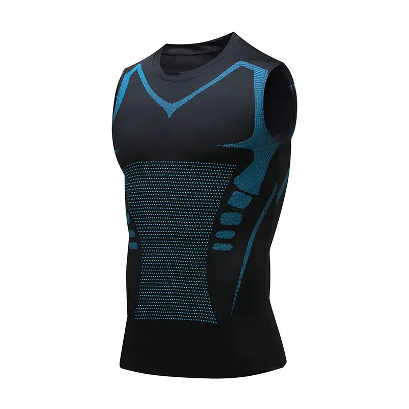 Compression Tank Top for men gym wear, black sleeveless with blue printed pattern.